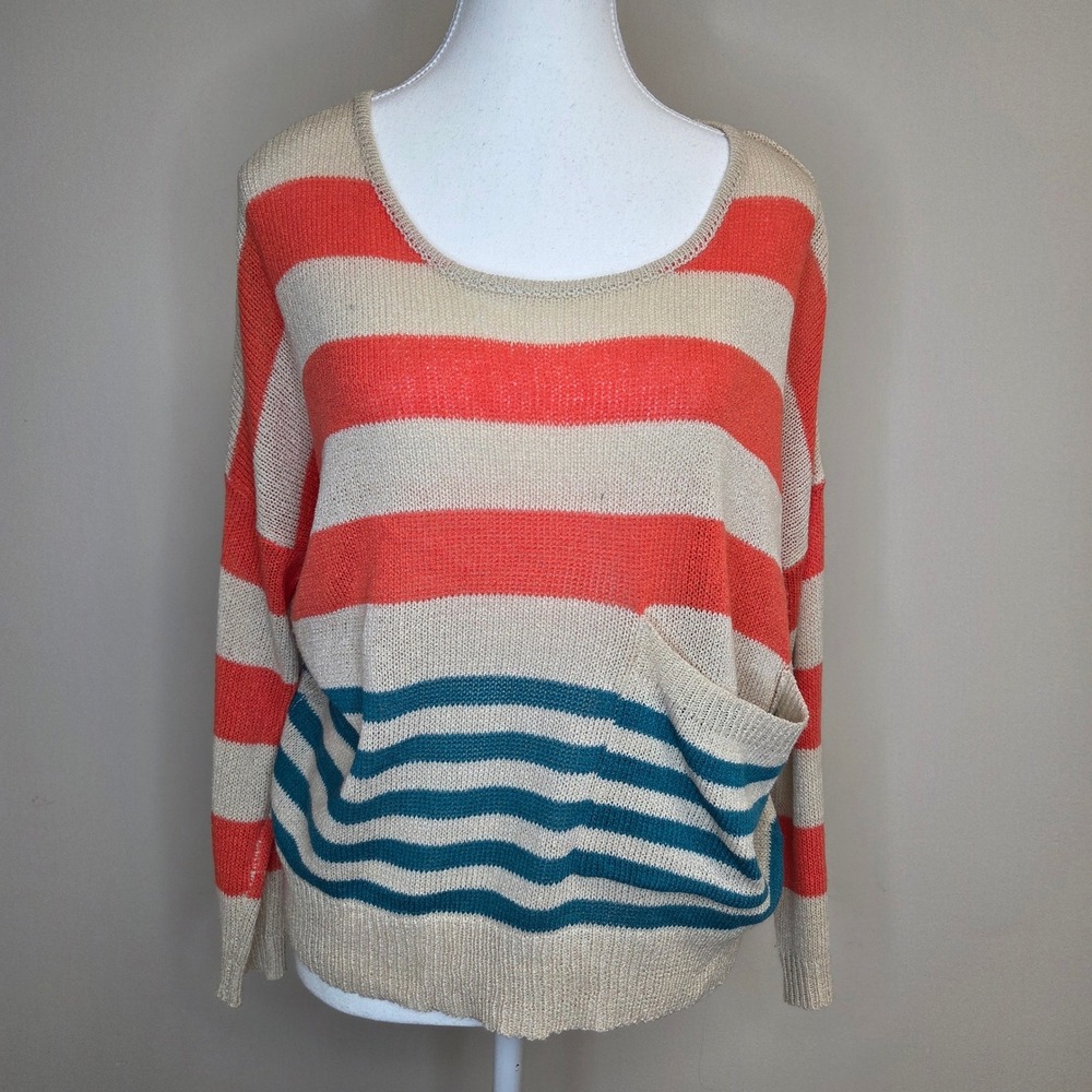 Newbury Kustom USA Women Small Striped Knit Sweater Coral Teal Beige‎ Small